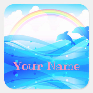 Custom Name Rainbow Summer Magic Blue Dolphins Square Sticker