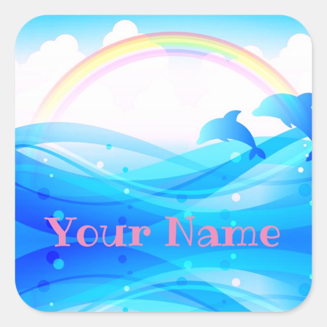 Custom Name Rainbow Summer Magic Blue Dolphins Square Sticker (Front)