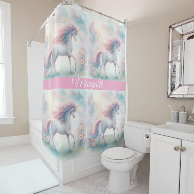 Custom Name Rainbow Unicorn Shower Curtain (In Situ)