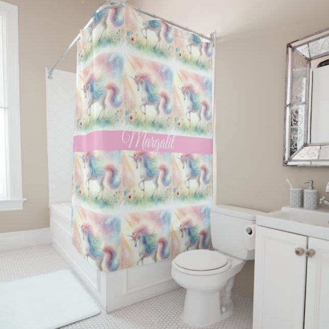 Custom Name Rainbow Unicorn Shower Curtain (In Situ)