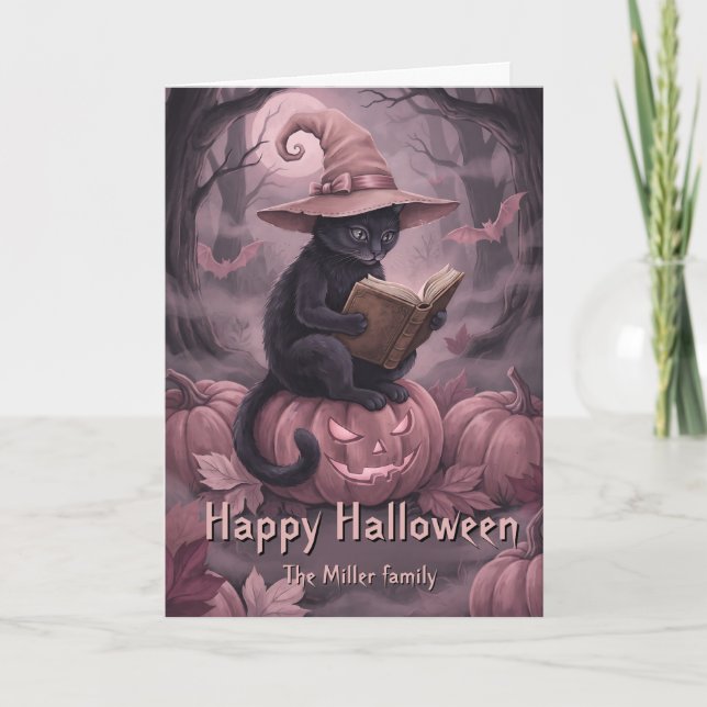 Custom Name Reading Black Cat & Pink Pumpkins Card (Front)