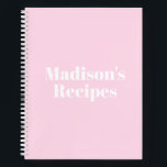 Custom Name Recipe Book Mother's day Birthday gift<br><div class="desc">Custom Name Recipe Book Mother's day Birthday gift Notebook
you can customise the text,  name,  etc
White letters,  light pink background,  spiral bound
great gift for mum!</div>
