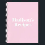Custom Name Recipe Book Mother's day Birthday gift<br><div class="desc">Custom Name Recipe Book Mother's day Birthday gift Notebook
you can customise the text,  name,  etc
White letters,  light pink background,  spiral bound
great gift for mum!</div>