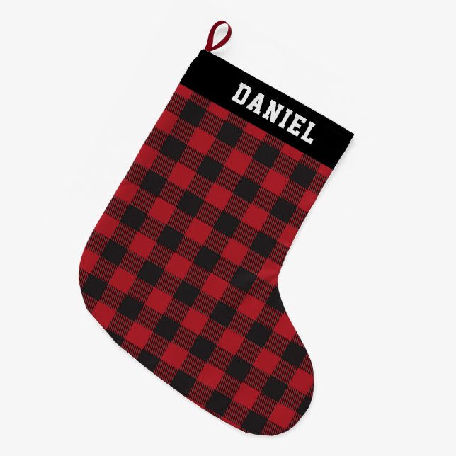 Custom Name Red and Black Buffalo Checks Plaid Large Christmas Stocking (Front (Hanging))
