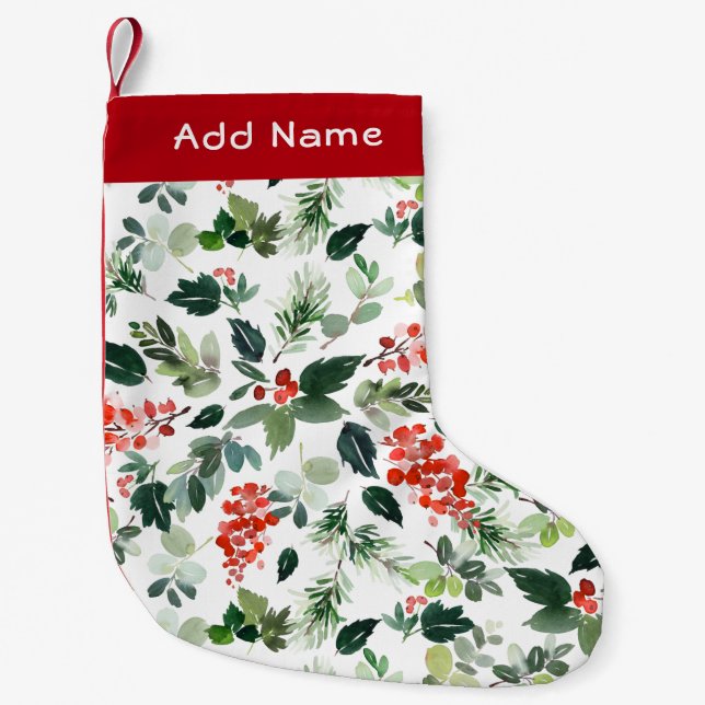 Custom Name Red Berries Holiday Pattern Greenery Small Christmas Stocking (Front)