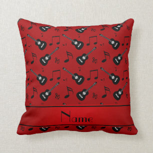Custom name red black guitars music notes cushion