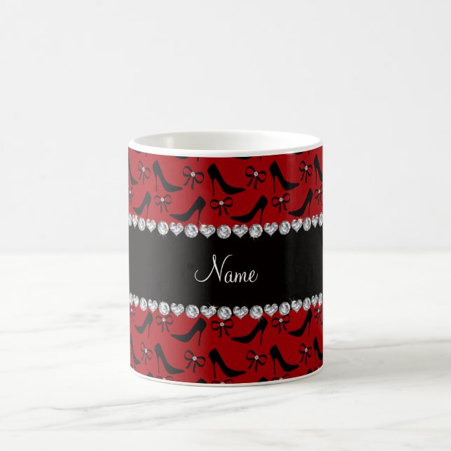 Custom name red black high heels bow diamond coffee mug (Center)