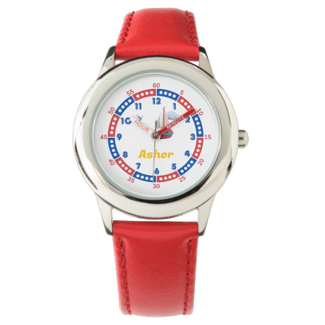 Custom Name Red & Blue Boat Yatch Boys Learning Watch (Front)