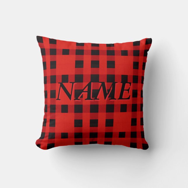 Custom Name Red Buffalo Plaid Christmas Cushion (Front)