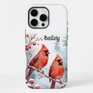Custom Name Red Cardinal Bird Winter Snow Berries iPhone 16 Pro Max Case
