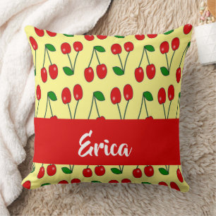 Custom name red cherries on yellow cushion