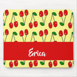 Custom name red cherries on yellow mouse pad