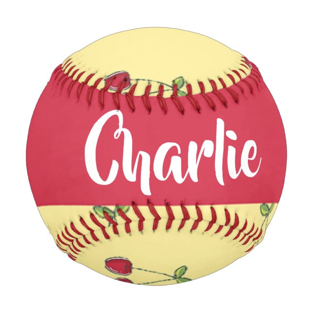 Custom name red cherries pattern baseball (Front)