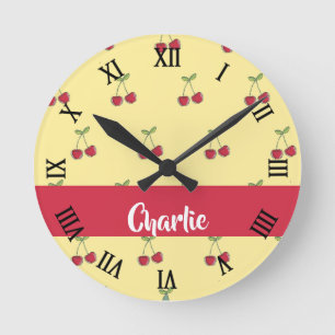 Custom name red cherries pattern round clock