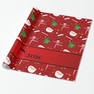 Custom name red christmas gymnastics santas wrapping paper