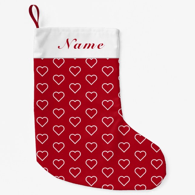 Custom Name Red Christmas Stocking with Hearts (Front)