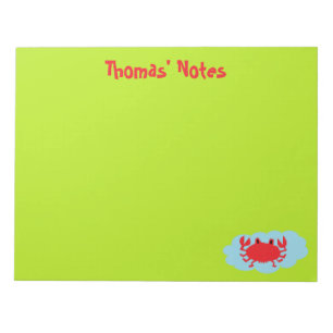Custom name red crab on blue and green notepad
