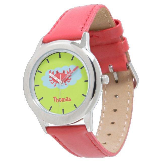 Custom name red crab on blue and green watch (Angled)