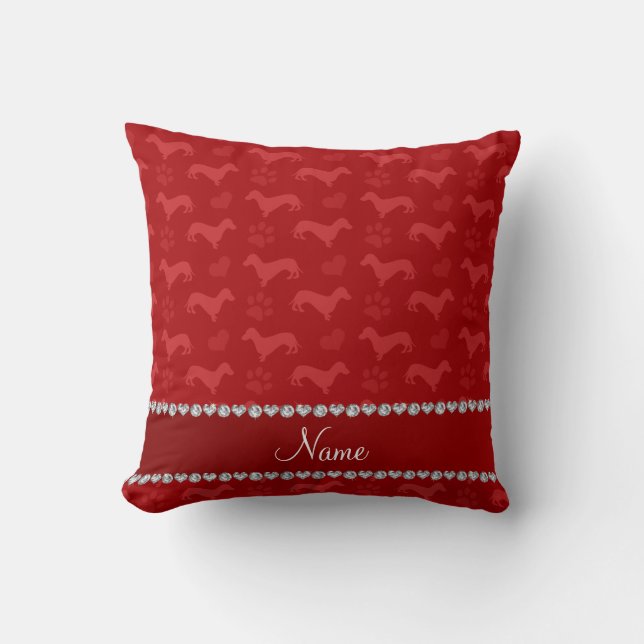 Custom name red dachshunds hearts paws cushion (Front)