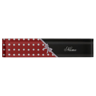 Custom name red diamonds silver glitter bow nameplate