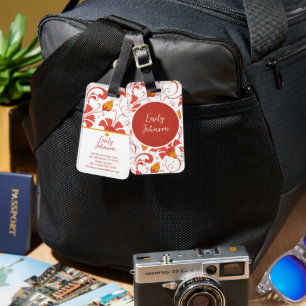 Custom Name Red Floral Swirls Orange Accent Luggage Tag