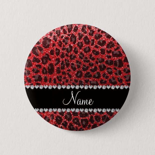 Custom name red glitter leopard spots 6 cm round badge (Front)