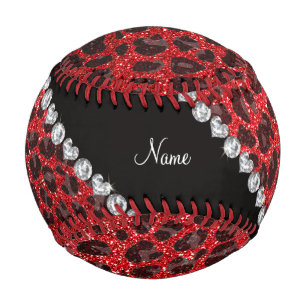Custom name red glitter leopard spots baseball