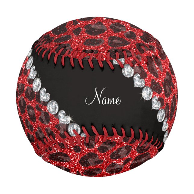 Custom name red glitter leopard spots baseball (Front)