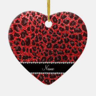 Custom name red glitter leopard spots ceramic tree decoration