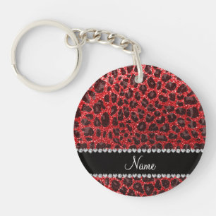 Custom name red glitter leopard spots key ring