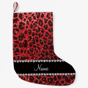 Custom name red glitter leopard spots small christmas stocking