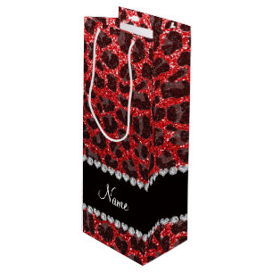 Custom name red glitter leopard spots wine gift bag