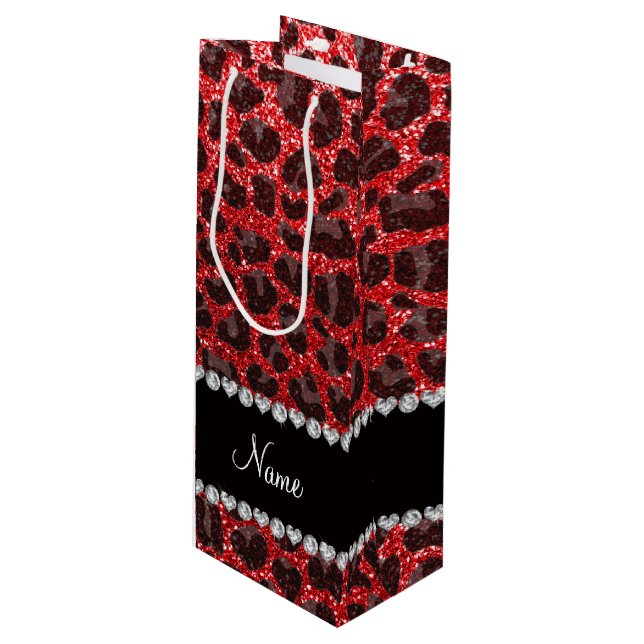 Custom name red glitter leopard spots wine gift bag (Front Angled)