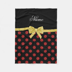 Custom name red glitter polka dots gold bow fleece blanket