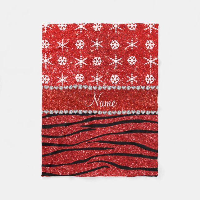 Custom name red glitter zebra snowflakes fleece blanket (Front)