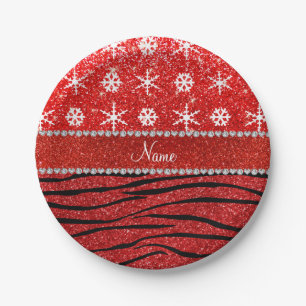 Custom name red glitter zebra snowflakes paper plate