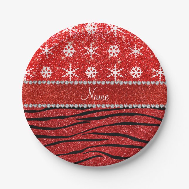 Custom name red glitter zebra snowflakes paper plate (Front)
