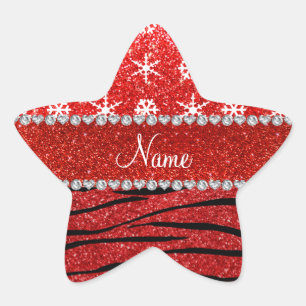 Custom name red glitter zebra snowflakes star sticker