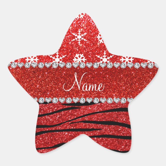 Custom name red glitter zebra snowflakes star sticker (Front)