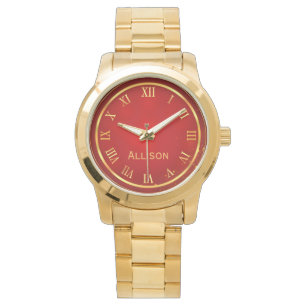 Custom Name Red Gold Classy Elegant Roman Watch