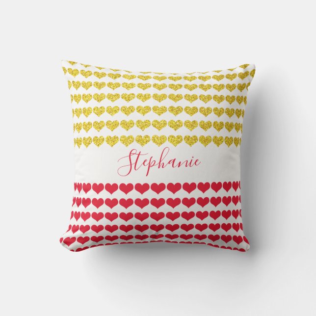 Custom Name Red Gold Glittery Hearts Gift Favour Cushion (Front)