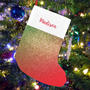 Custom Name Red Green Gold Glitter Small Christmas Stocking