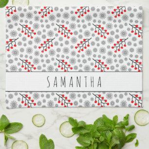 Custom Name Red Grey Scandinavian Floral Pattern Tea Towel