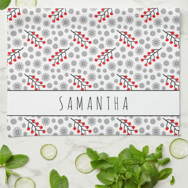 Custom Name Red Grey Scandinavian Floral Pattern Tea Towel (Folded)