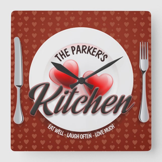 Custom NAME Red Hearts Family Diner Kitchen Square Wall Clock (Front)