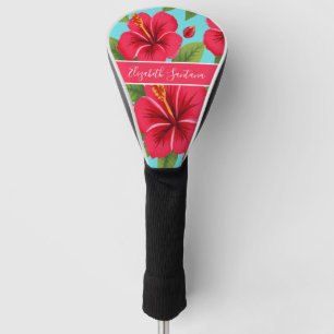 Custom Name Red Hibiscus on Sky Blue Tropical Golf Head Cover