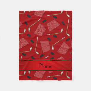 Custom name red hockey sticks pucks nets fleece blanket