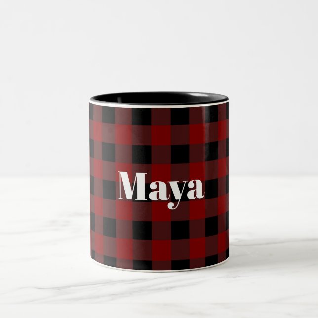 Custom Name Red Holiday Buffalo Plaid Christmas Two-Tone Coffee Mug (Center)