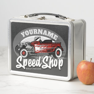 Custom NAME Red HotRod Roadster Speed Shop Garage  Metal Lunch Box