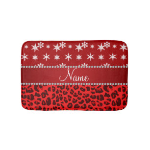 Custom name red leopard red snowflakes red stripe bath mat